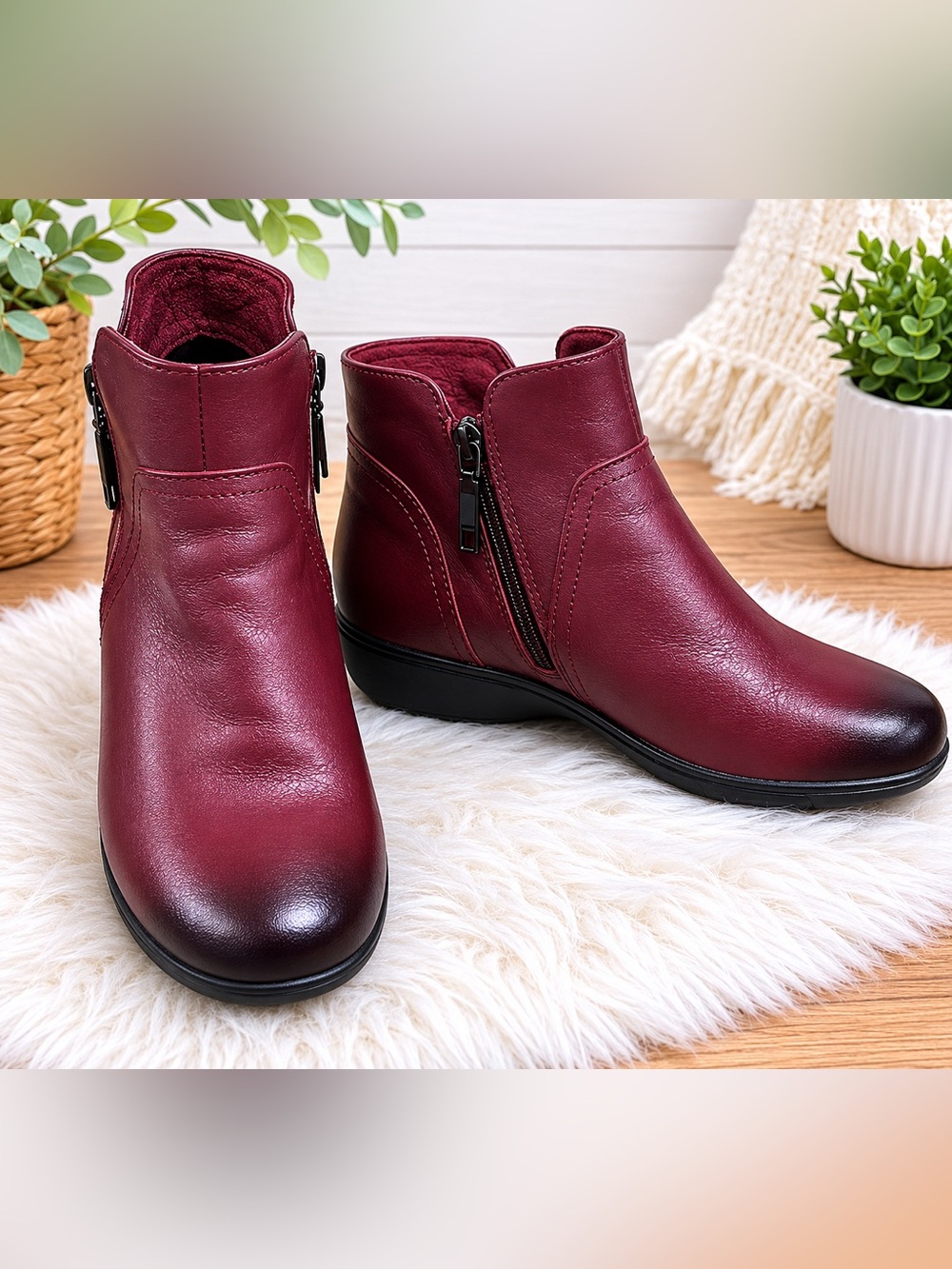 Propét Footwear Leather Comfort Zip Wine Red Ankle Booties